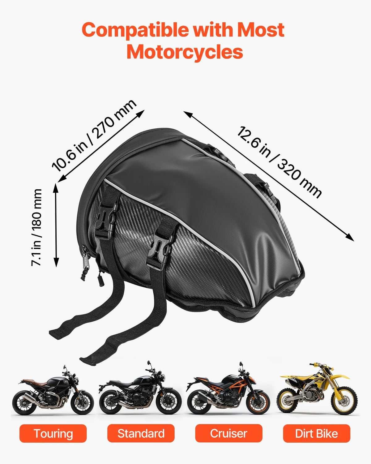 VEVOR motocikla aizmugurējā sēdekļa soma, 10 l motocikla bagāžas soma ar ūdensnecaurlaidīgu lietus pārsegu, āra motocikla bagāžas uzglabāšanas soma – mugursoma un rokas soma ar pleca siksnu un iekšējo kabatu, universāli piemērota bagāžas statīviem, melna - ZEMLETES.LV