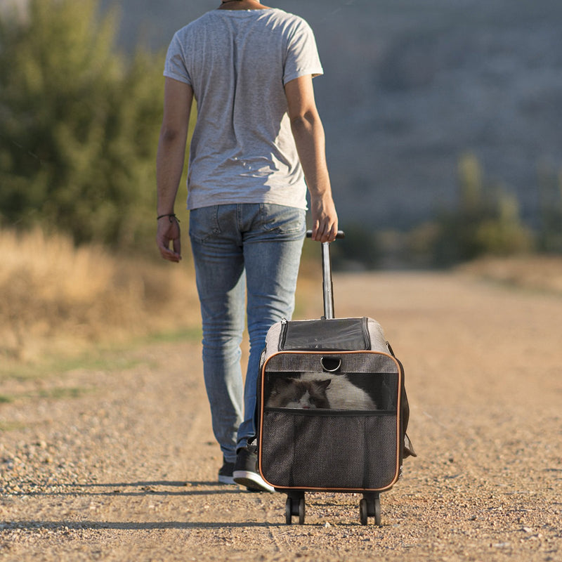 VEVOR Kaķu pārnēsājamais būris ar riteņiem, apstiprināts lidojumiem, ar teleskopisko rokturi un plecu siksnu, līdz 10 kg, ar saliekamu bļodu, pelēks