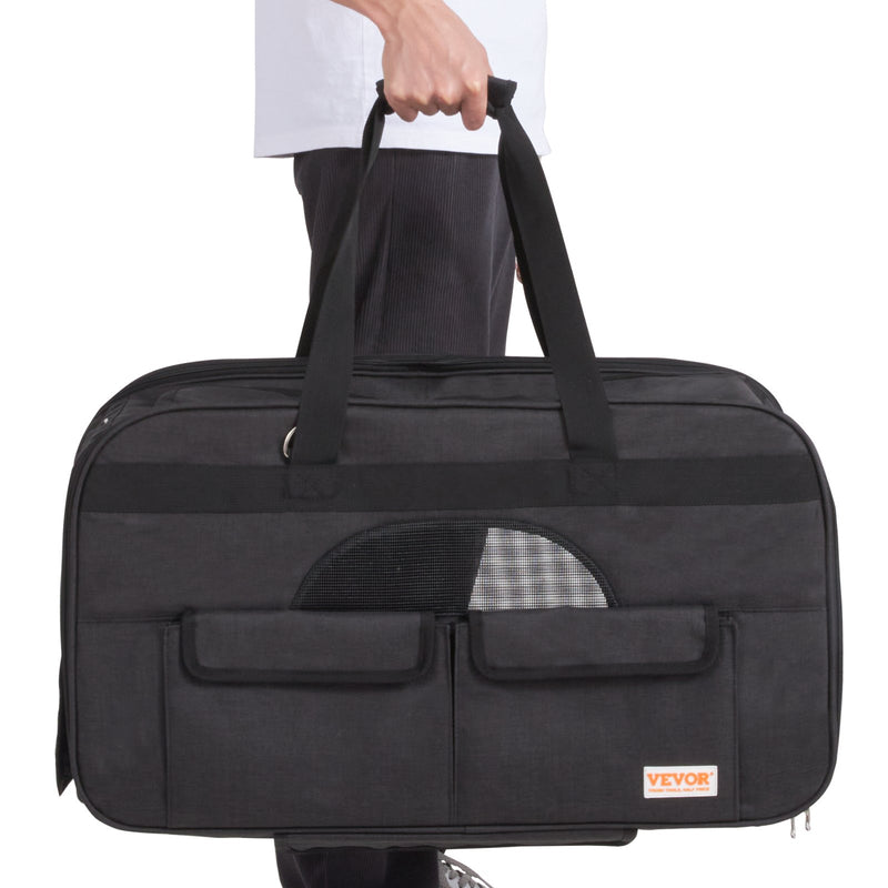 VEVOR Ratiņsomā pārvietojams mājdzīvnieku pārnēsājamais būris ar teleskopisko rokturi un plecu siksnu, līdz 15,9 kg, ar saliekamu bļodu, melns