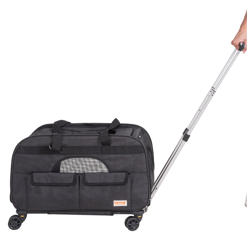 VEVOR Ratiņsomā pārvietojams mājdzīvnieku pārnēsājamais būris ar teleskopisko rokturi un plecu siksnu, līdz 15,9 kg, ar saliekamu bļodu, melns