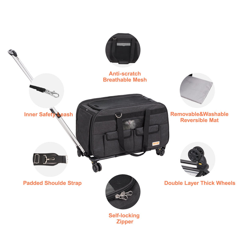 VEVOR Ratiņsomā pārvietojams mājdzīvnieku pārnēsājamais būris ar teleskopisko rokturi un plecu siksnu, līdz 15,9 kg, ar saliekamu bļodu, melns