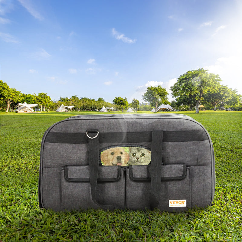 VEVOR Ratiņsomā pārvietojams mājdzīvnieku pārnēsājamais būris ar teleskopisko rokturi un plecu siksnu, līdz 15,9 kg, ar saliekamu bļodu, melns