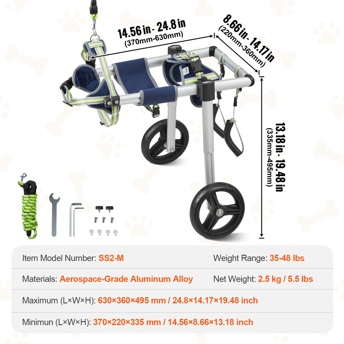 VEVOR suņu ratiņkrēsls aizmugurējām kājām ar 2 riteņiem, vidējiem suņiem ar kustību traucējumiem
