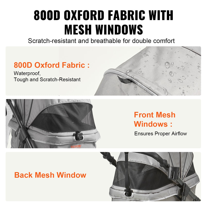 VEVOR Mājdzīvnieku rati, 3 PU riteņi suņu rati ar bremzēm, 34 kg kravnesība, kucēnu rati ar mājdzīvnieku spilvenu, uzglabāšanas grozu un ārējo kausa turētāju, piemēroti maziem līdz vidējiem suņiem, pelēki