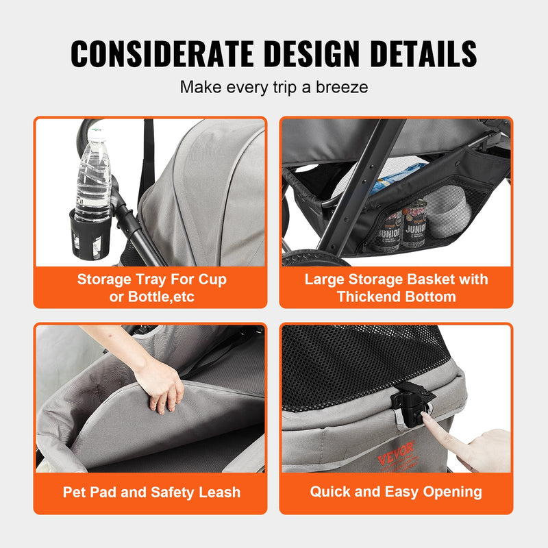 VEVOR Mājdzīvnieku rati, 3 PU riteņi suņu rati ar bremzēm, 34 kg kravnesība, kucēnu rati ar mājdzīvnieku spilvenu, uzglabāšanas grozu un ārējo kausa turētāju, piemēroti maziem līdz vidējiem suņiem, pelēki