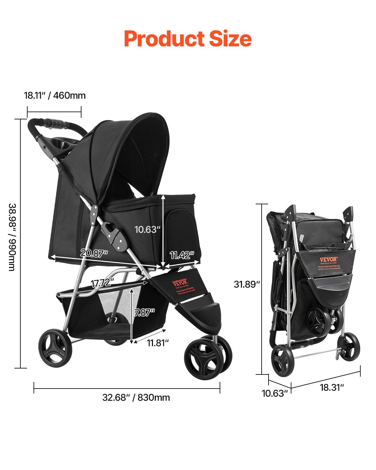 VEVOR kokkupandav lemmikloomakäru 3 ratta ja piduriga, kuni 15,9 kg