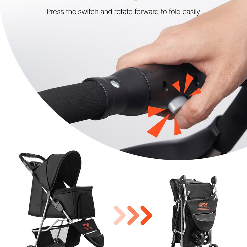 VEVOR Saliekams mājdzīvnieku ratiņkrēsls ar 3 riteņiem un bremzi, līdz 15,9 kg