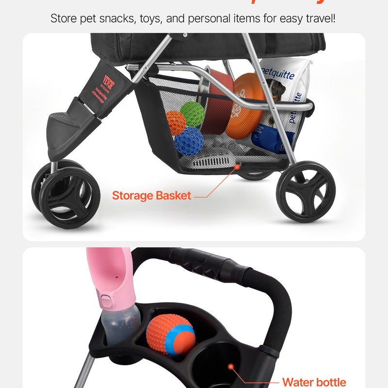 VEVOR Saliekams mājdzīvnieku ratiņkrēsls ar 3 riteņiem un bremzi, līdz 15,9 kg