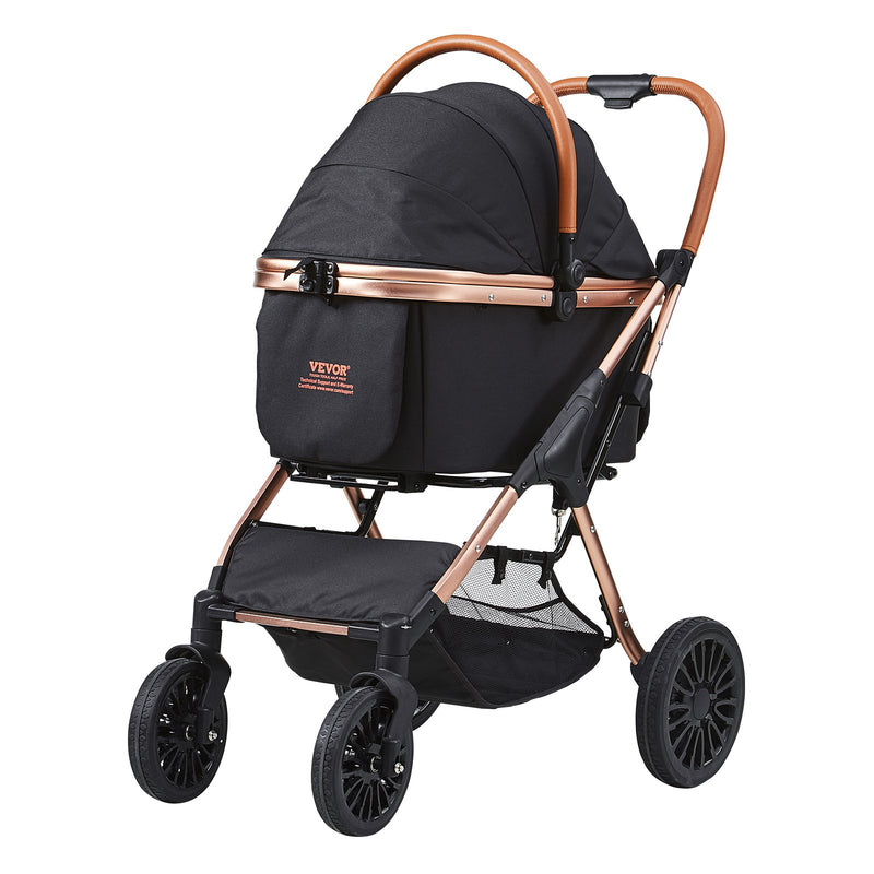 VEVOR mājdzīvnieku ratiņi, četrriteņu suņu ratiņi ar bremzēm, slodze līdz 29,9 kg, kucēnu ratiņi ar noņemamu nesēju, mantu grozu un paklājiņu, melni, maziem un vidējiem suņiem
