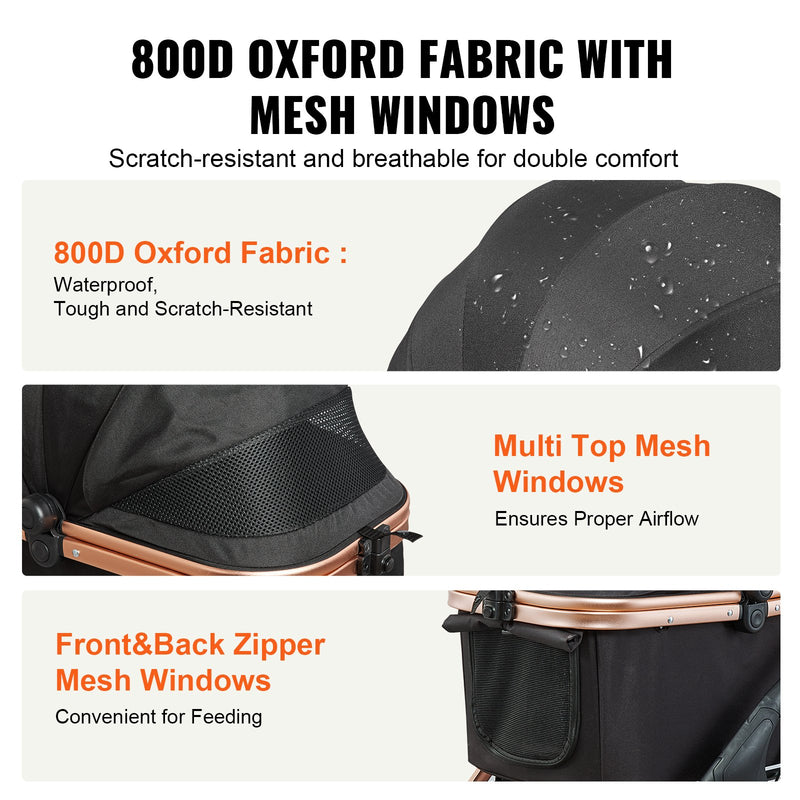 VEVOR mājdzīvnieku ratiņi, četrriteņu suņu ratiņi ar bremzēm, slodze līdz 29,9 kg, kucēnu ratiņi ar noņemamu nesēju, mantu grozu un paklājiņu, melni, maziem un vidējiem suņiem