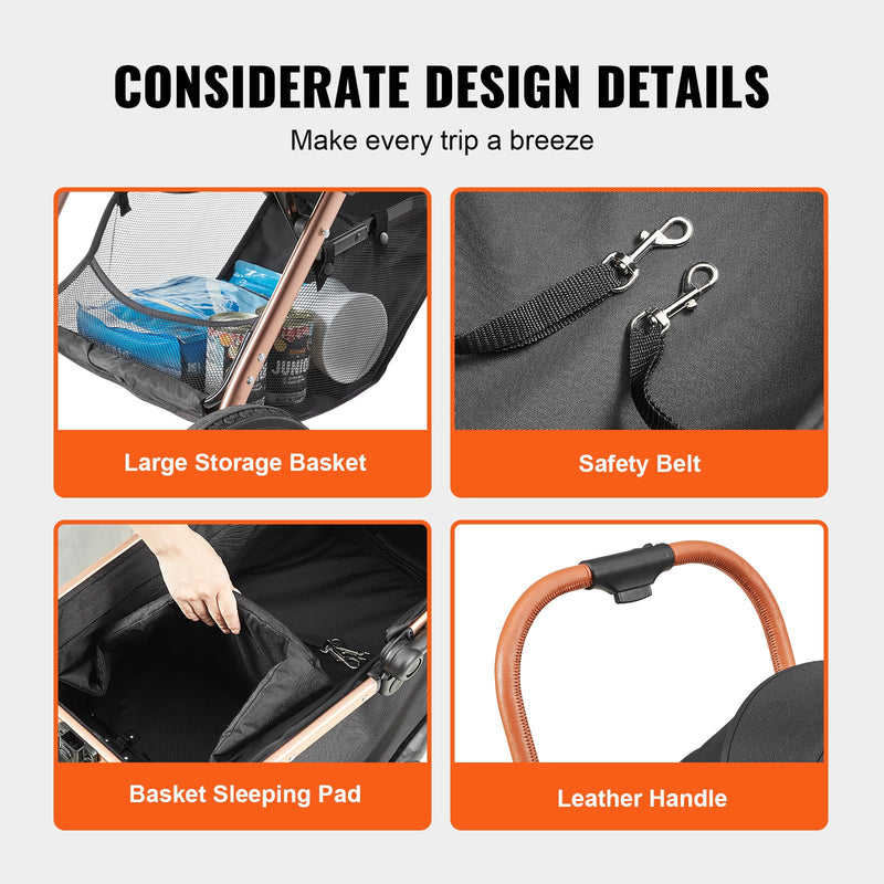 VEVOR mājdzīvnieku ratiņi, četrriteņu suņu ratiņi ar bremzēm, slodze līdz 29,9 kg, kucēnu ratiņi ar noņemamu nesēju, mantu grozu un paklājiņu, melni, maziem un vidējiem suņiem