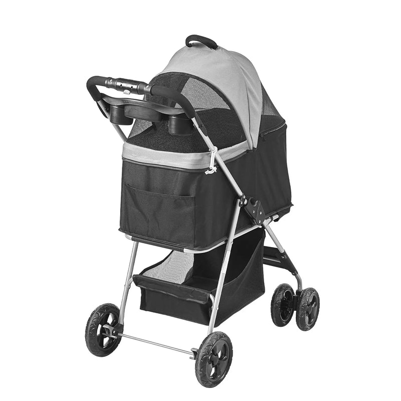 VEVOR mājdzīvnieku ratiņi ar 4 riteņiem un bremzēm, kravnesība līdz 16 kg, suņu/kaķu ratiņi ar noņemamu pārnēsājamo grozu, uzglabāšanas grozu un dzērienu turētāju, piemēroti ceļošanai, melni/tumši pelēki