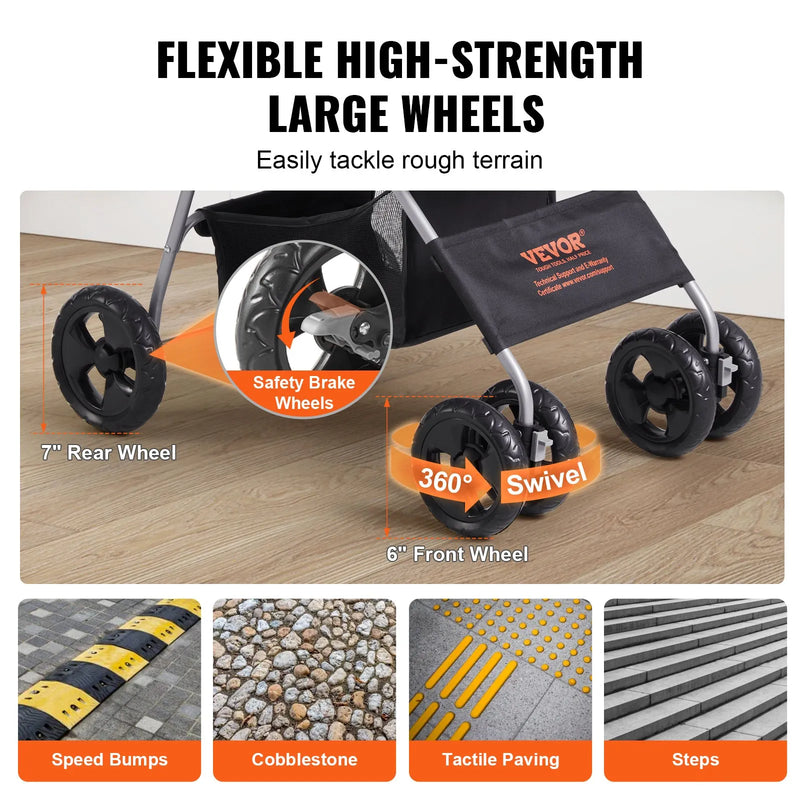 VEVOR mājdzīvnieku ratiņi ar 4 riteņiem un bremzēm, kravnesība līdz 16 kg, suņu/kaķu ratiņi ar noņemamu pārnēsājamo grozu, uzglabāšanas grozu un dzērienu turētāju, piemēroti ceļošanai, melni/tumši pelēki