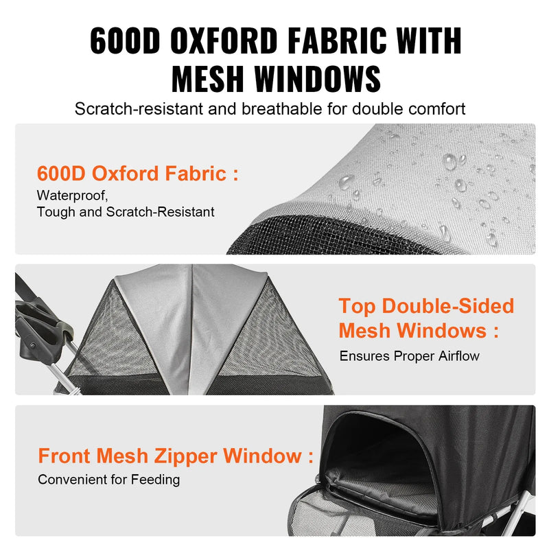 VEVOR mājdzīvnieku ratiņi ar 4 riteņiem un bremzēm, kravnesība līdz 16 kg, suņu/kaķu ratiņi ar noņemamu pārnēsājamo grozu, uzglabāšanas grozu un dzērienu turētāju, piemēroti ceļošanai, melni/tumši pelēki