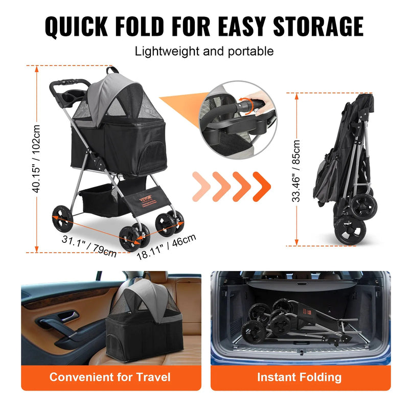 VEVOR mājdzīvnieku ratiņi ar 4 riteņiem un bremzēm, kravnesība līdz 16 kg, suņu/kaķu ratiņi ar noņemamu pārnēsājamo grozu, uzglabāšanas grozu un dzērienu turētāju, piemēroti ceļošanai, melni/tumši pelēki