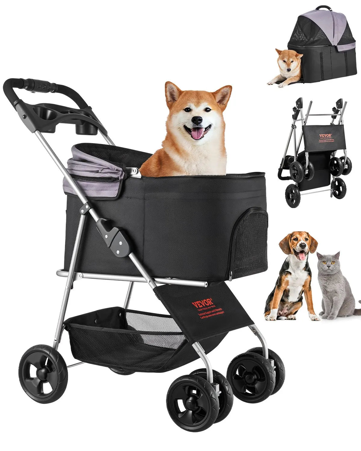 VEVOR Foldable Pet Stroller with 4 Wheels, Removable Carrier and Mesh Windows, Up to 16 kg
