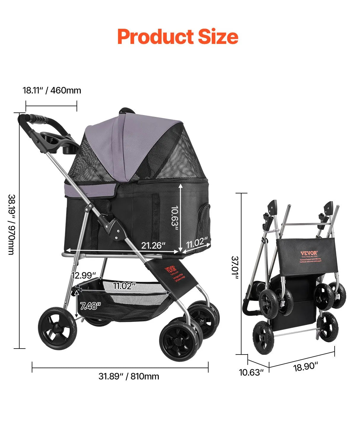 VEVOR Foldable Pet Stroller with 4 Wheels, Removable Carrier and Mesh Windows, Up to 16 kg