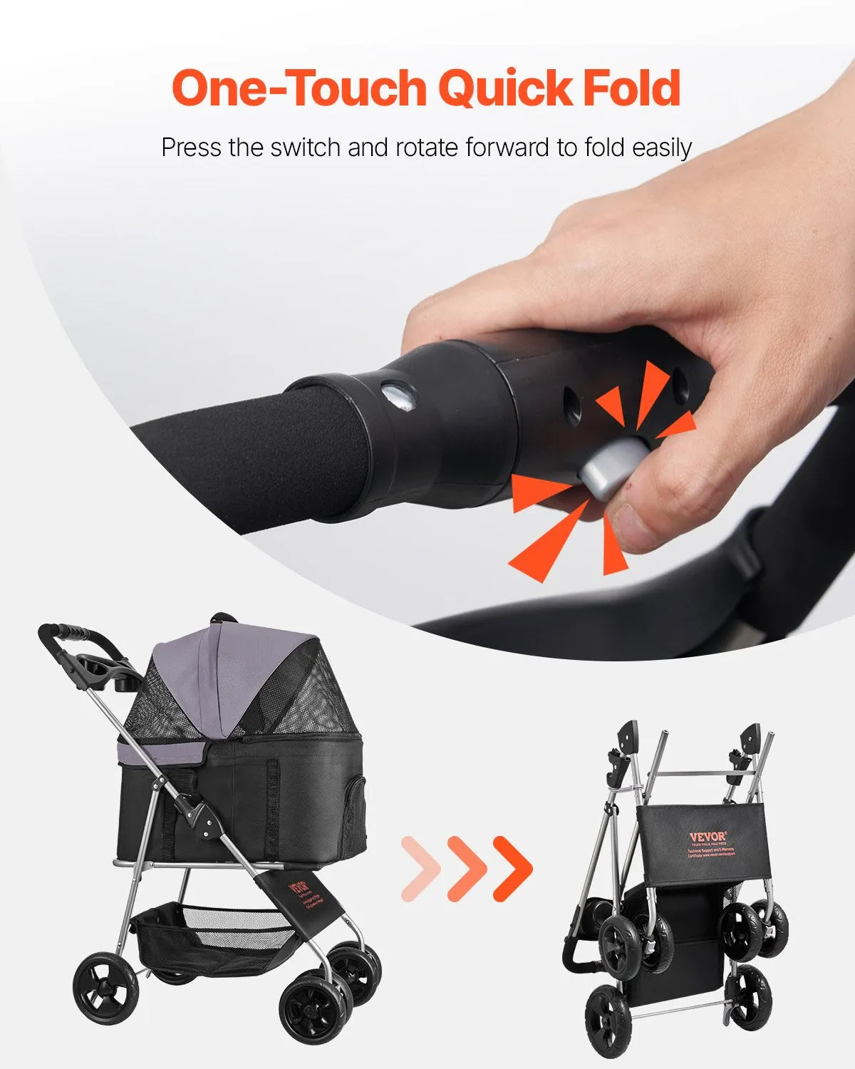 VEVOR Foldable Pet Stroller with 4 Wheels, Removable Carrier and Mesh Windows, Up to 16 kg