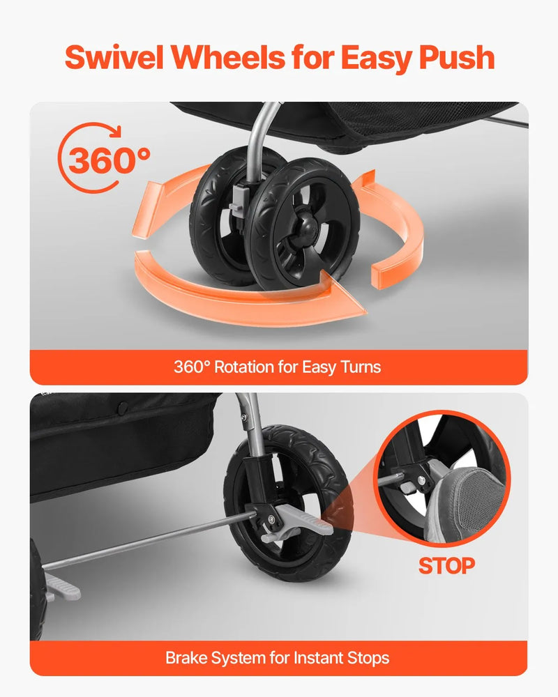 VEVOR mājdzīvnieku ratiņi, kravnesība līdz 16 kg, salokāmi suņu/kaķu ratiņi ar 4 riteņiem, noņemamu pārnēsājamo ieliktni un sieta logiem, pārnēsājams dzīvnieku ratiņš ar bremzi maziem un vidējiem mājdzīvniekiem