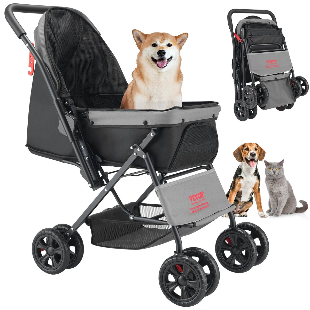 VEVOR Foldable Pet Stroller with 4 Wheels, Mesh Windows and Reversible Handle, up to 20 kg