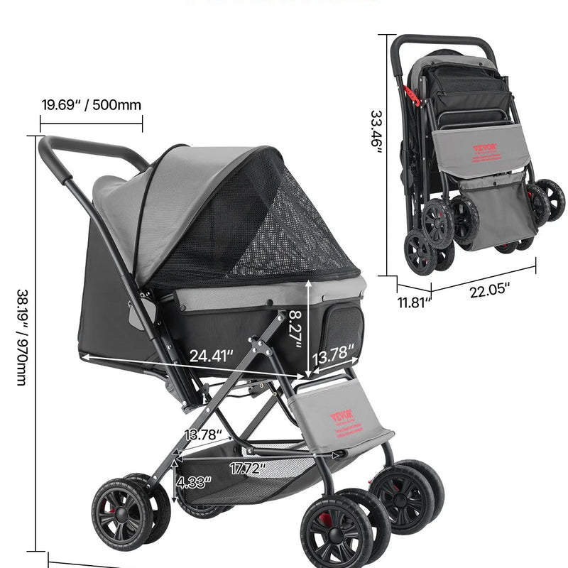 VEVOR mājdzīvnieku ratiņi, kravnesība līdz 20 kg, salokāmi suņu/cat ratiņi ar 4 riteņiem, sieta logi un reversīva roktura, pārnēsājams ar bremzi, piemēroti maziem un vidējiem mājdzīvniekiem