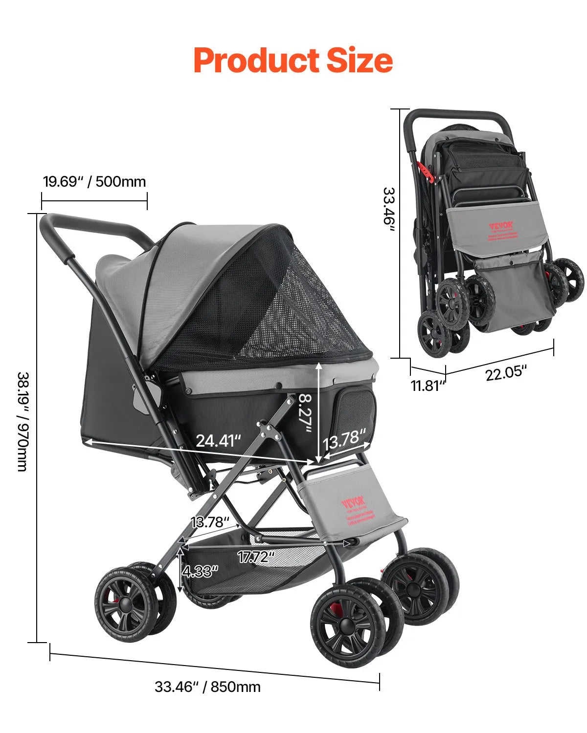 VEVOR Foldable Pet Stroller with 4 Wheels, Mesh Windows and Reversible Handle, up to 20 kg