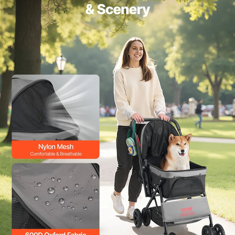 VEVOR mājdzīvnieku ratiņi, kravnesība līdz 20 kg, salokāmi suņu/cat ratiņi ar 4 riteņiem, sieta logi un reversīva roktura, pārnēsājams ar bremzi, piemēroti maziem un vidējiem mājdzīvniekiem