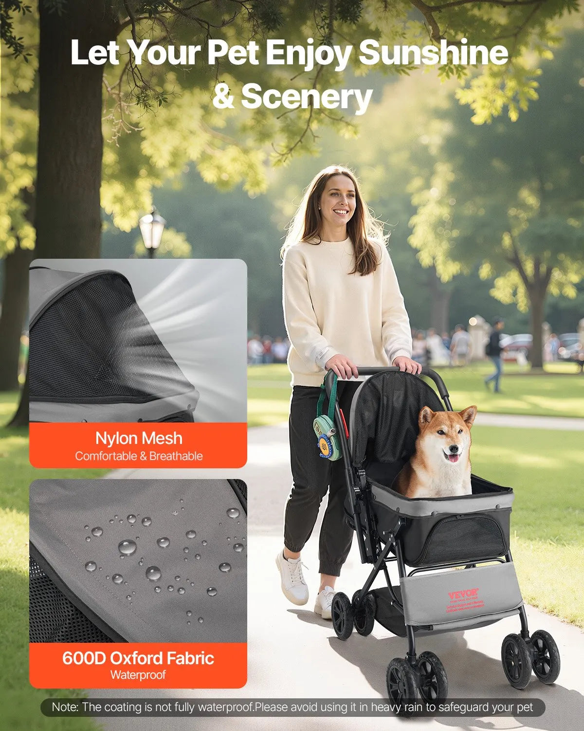 VEVOR Foldable Pet Stroller with 4 Wheels, Mesh Windows and Reversible Handle, up to 20 kg