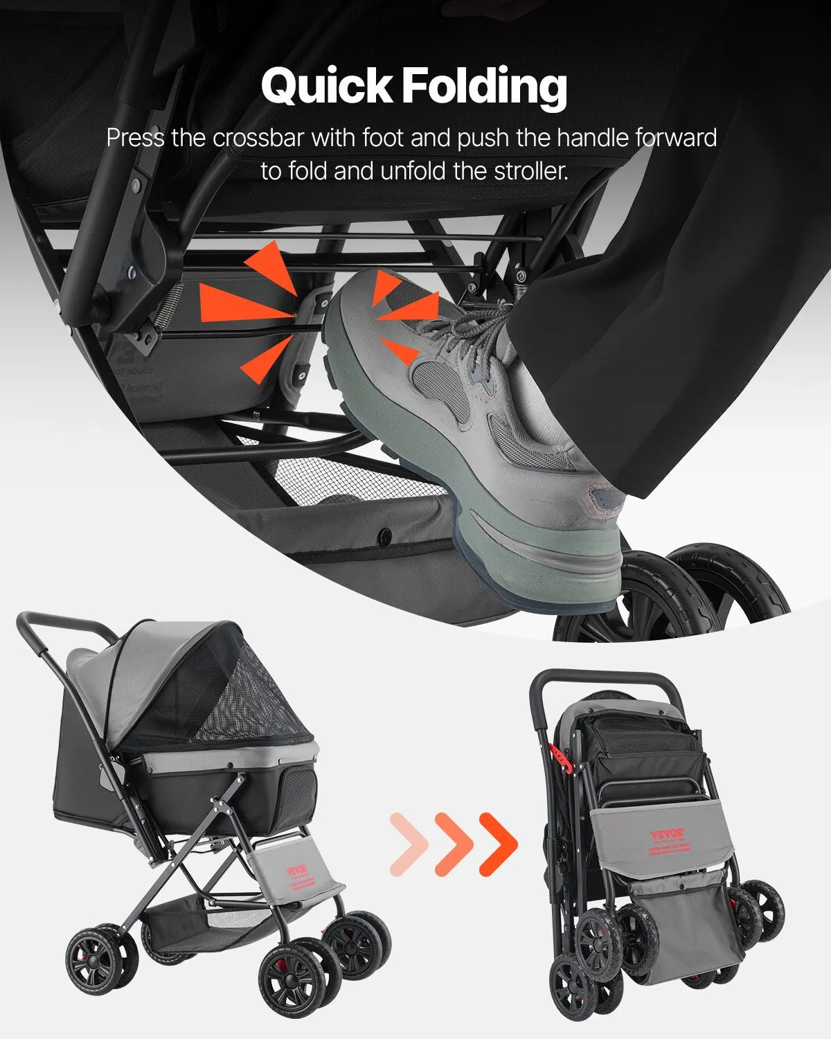 VEVOR Foldable Pet Stroller with 4 Wheels, Mesh Windows and Reversible Handle, up to 20 kg