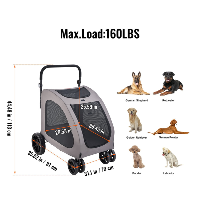 VEVOR četrriteņu mājdzīvnieku ratiņi suņiem, nēsātājs ar 160 lbs / 72,5 kg svara kapacitāti, pārnēsājams