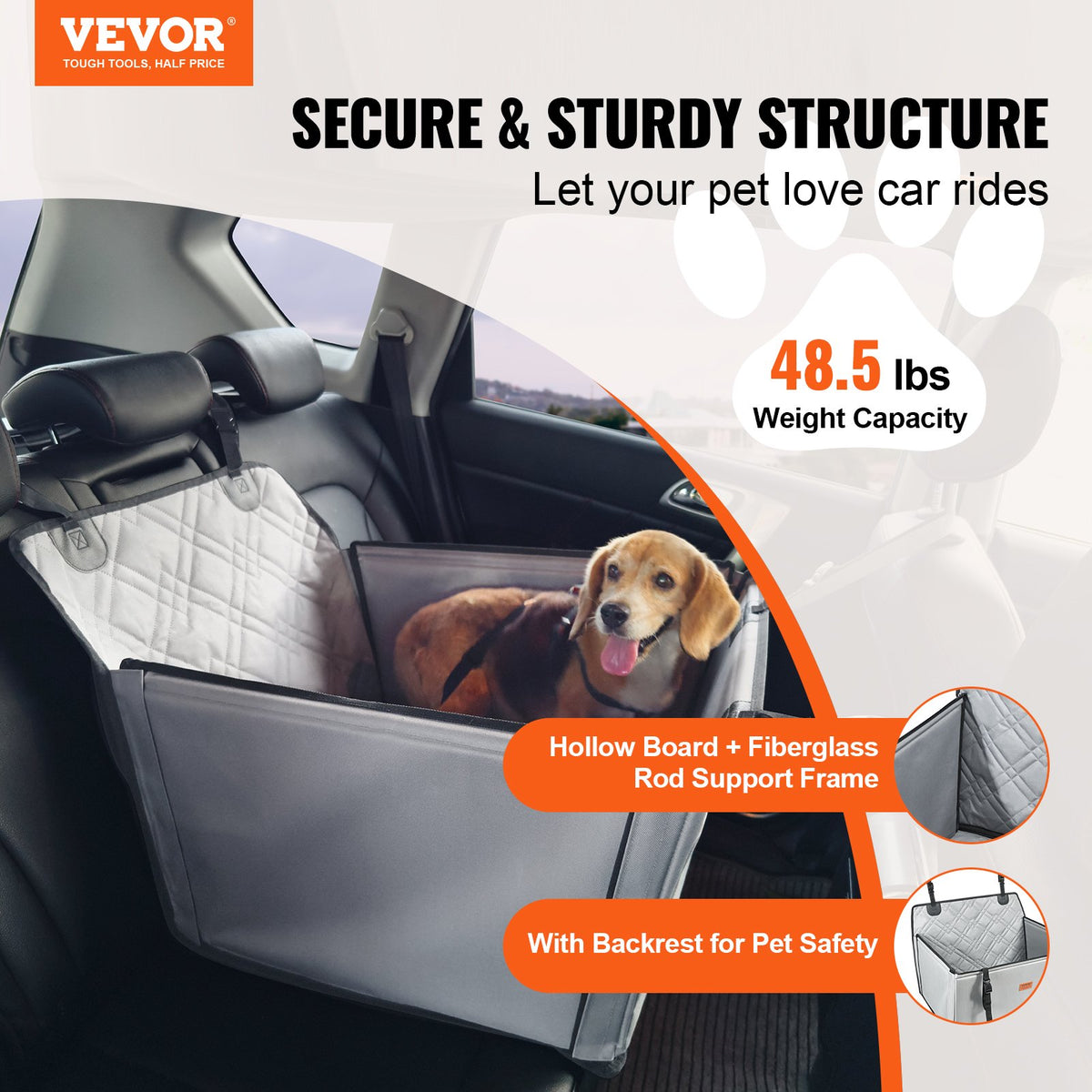VEVOR Waterproof Dog Car Seat with Support Frame and Safety Leash, for Dogs up to 22 kg, Grey
