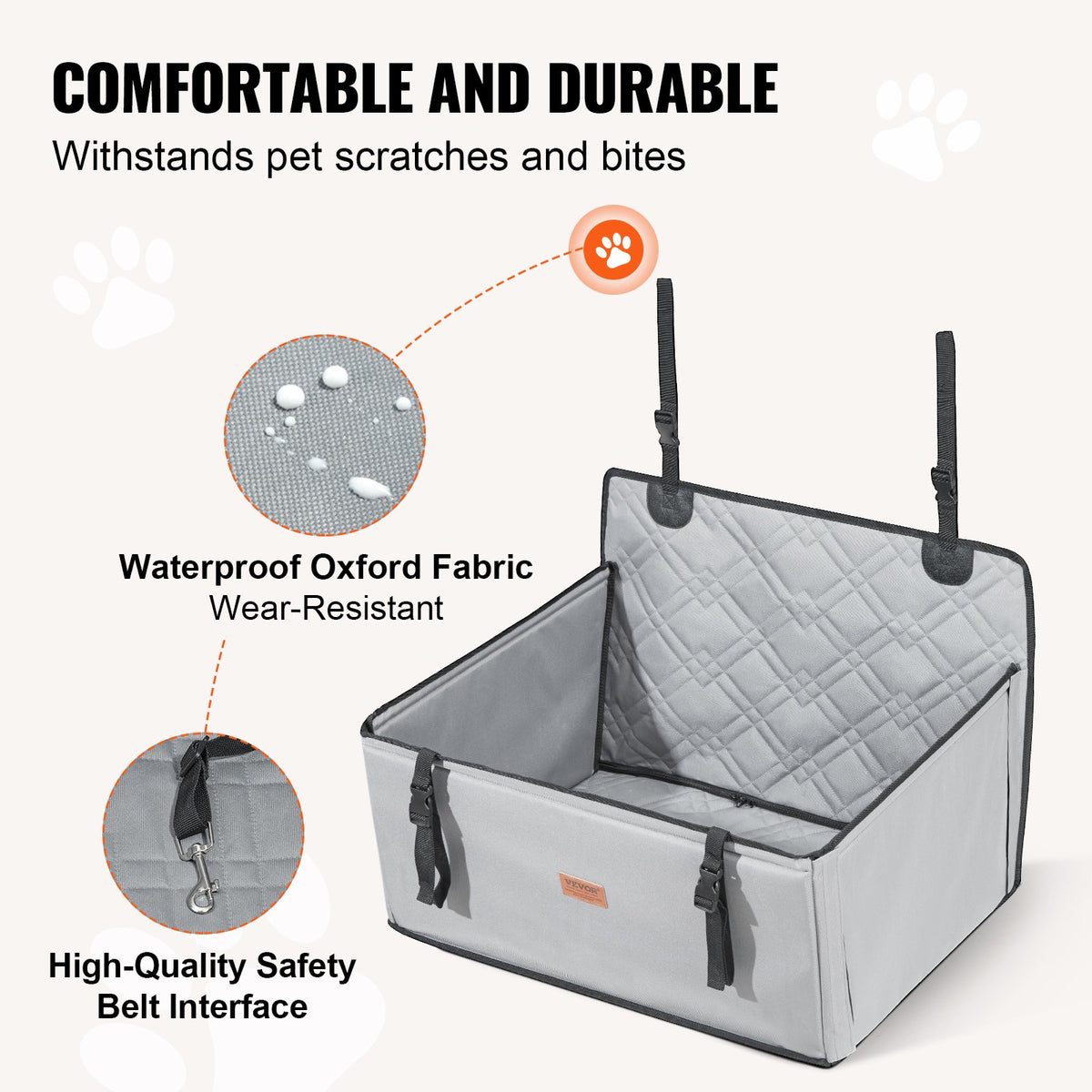 VEVOR Waterproof Dog Car Seat with Support Frame and Safety Leash, for Dogs up to 22 kg, Grey