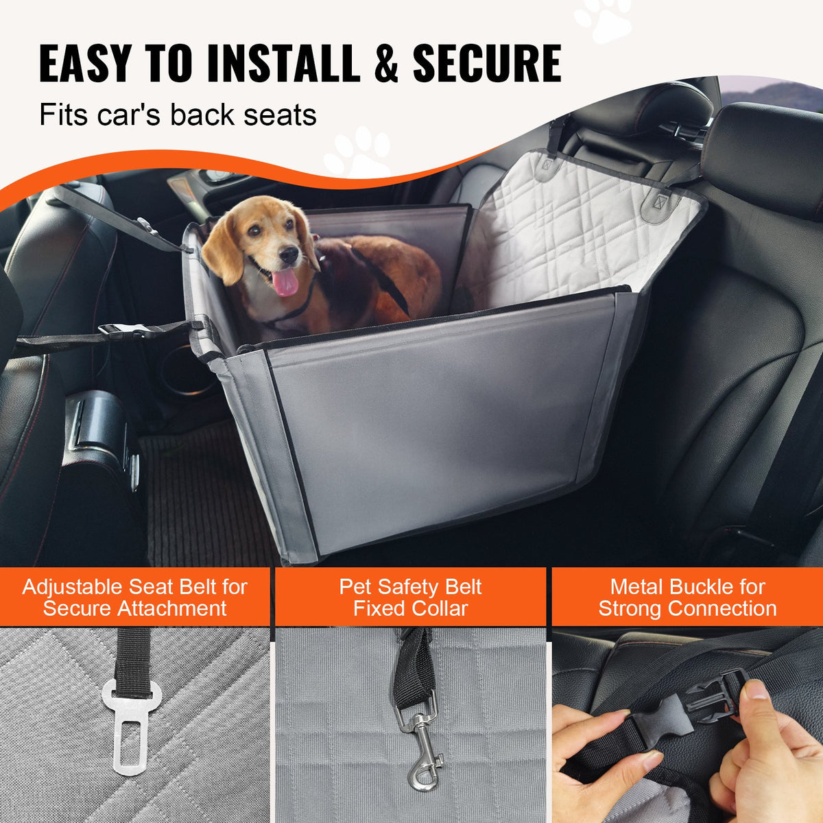 VEVOR Waterproof Dog Car Seat with Support Frame and Safety Leash, for Dogs up to 22 kg, Grey