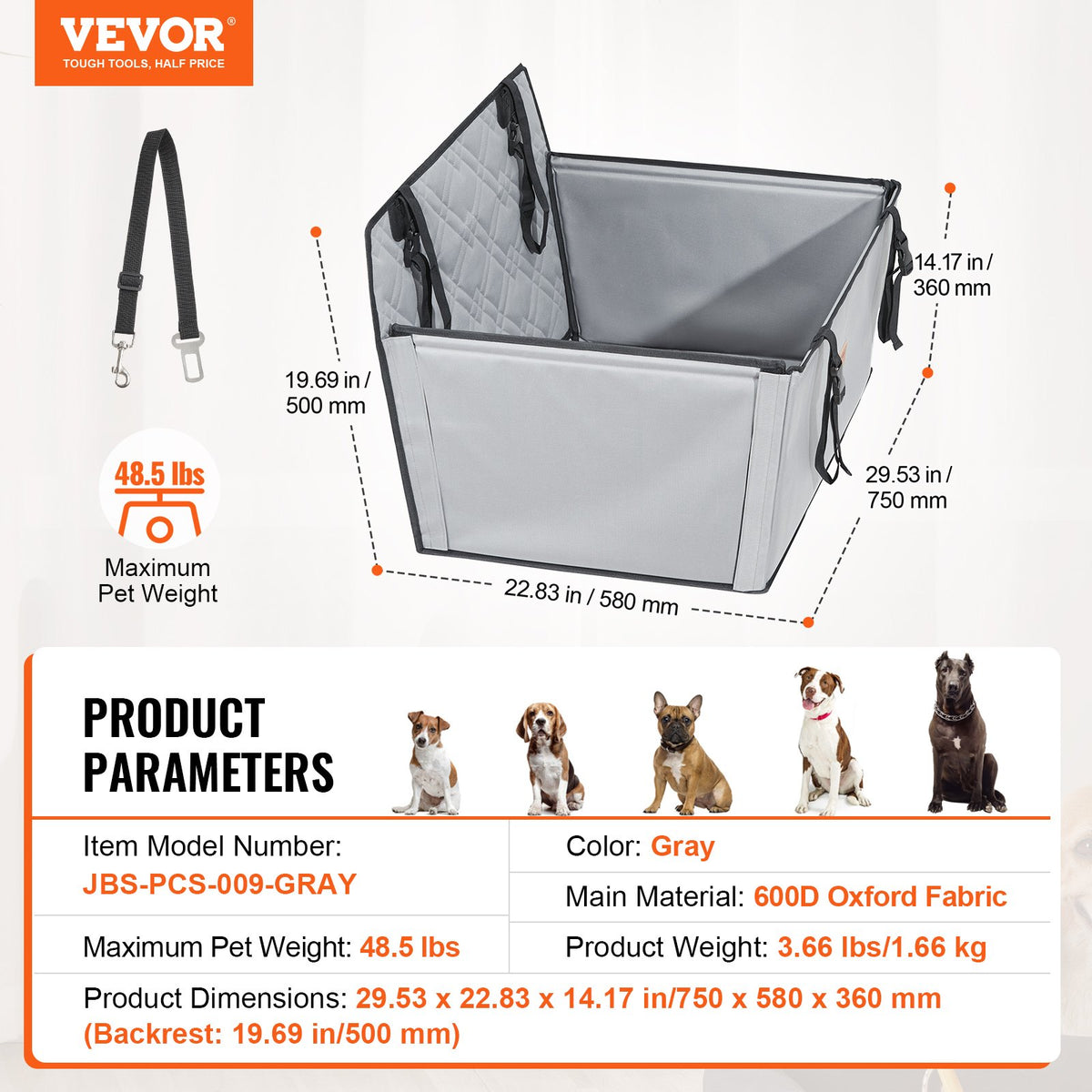 VEVOR Waterproof Dog Car Seat with Support Frame and Safety Leash, for Dogs up to 22 kg, Grey