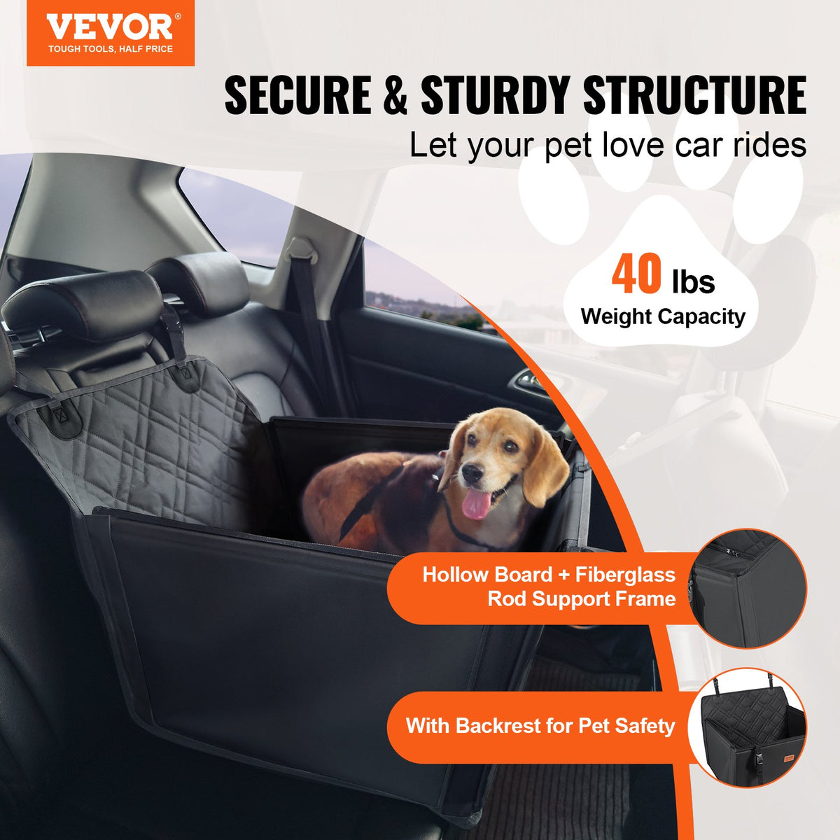 VEVOR Waterproof Dog Car Seat with Support Frame and Safety Leash, for Dogs up to 18 kg, Black
