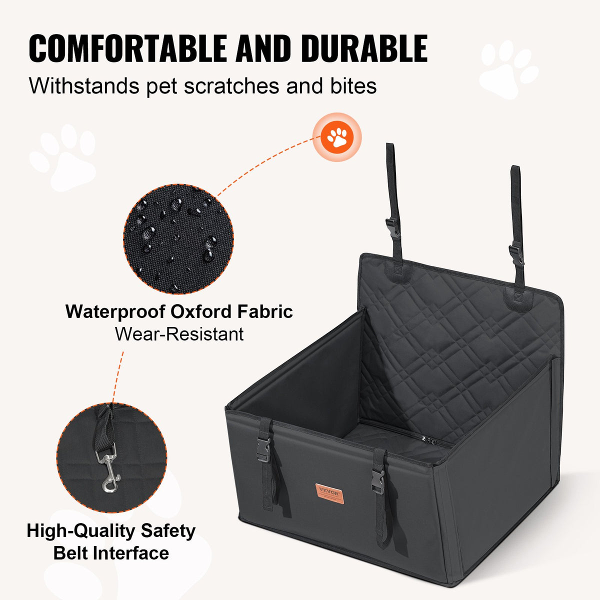 VEVOR Waterproof Dog Car Seat with Support Frame and Safety Leash, for Dogs up to 18 kg, Black