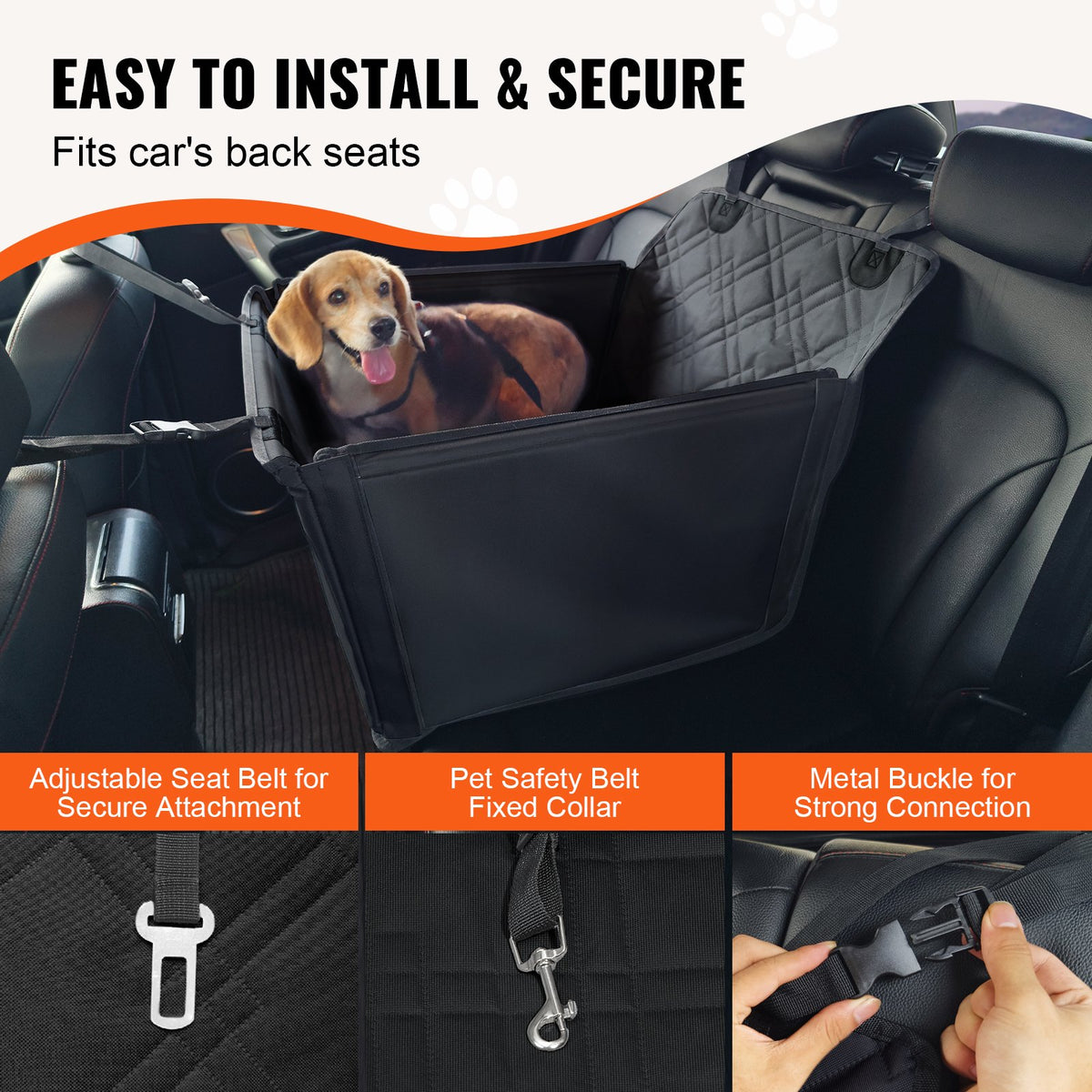 VEVOR Waterproof Dog Car Seat with Support Frame and Safety Leash, for Dogs up to 18 kg, Black
