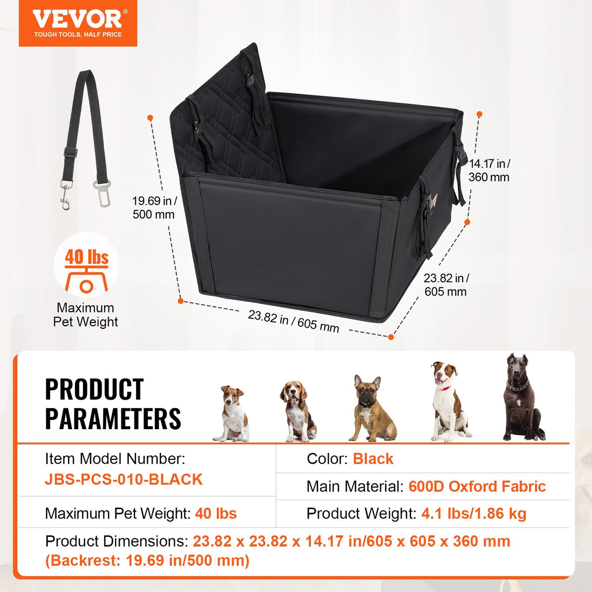 VEVOR Waterproof Dog Car Seat with Support Frame and Safety Leash, for Dogs up to 18 kg, Black