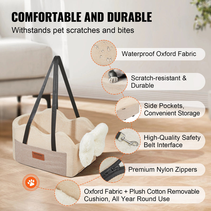 VEVOR paaugstinātais auto sēdeklis maziem suņiem līdz 3,6 kg, novietojams uz centrālās konsoles, gaiši brūns