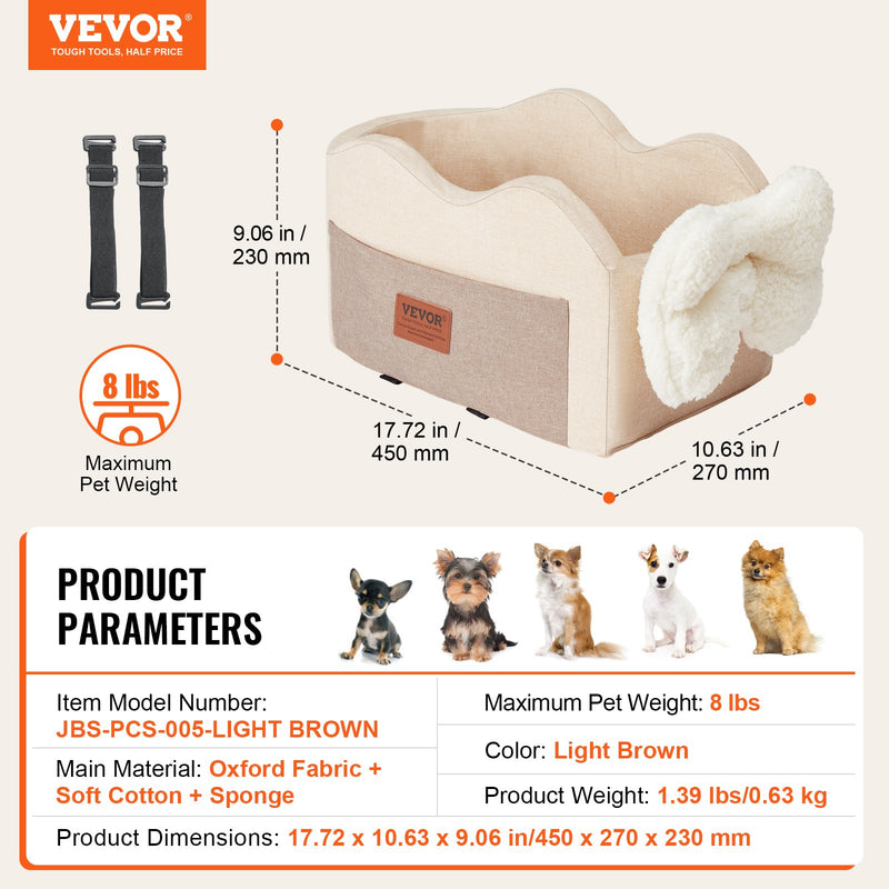 VEVOR paaugstinātais auto sēdeklis maziem suņiem līdz 3,6 kg, novietojams uz centrālās konsoles, gaiši brūns