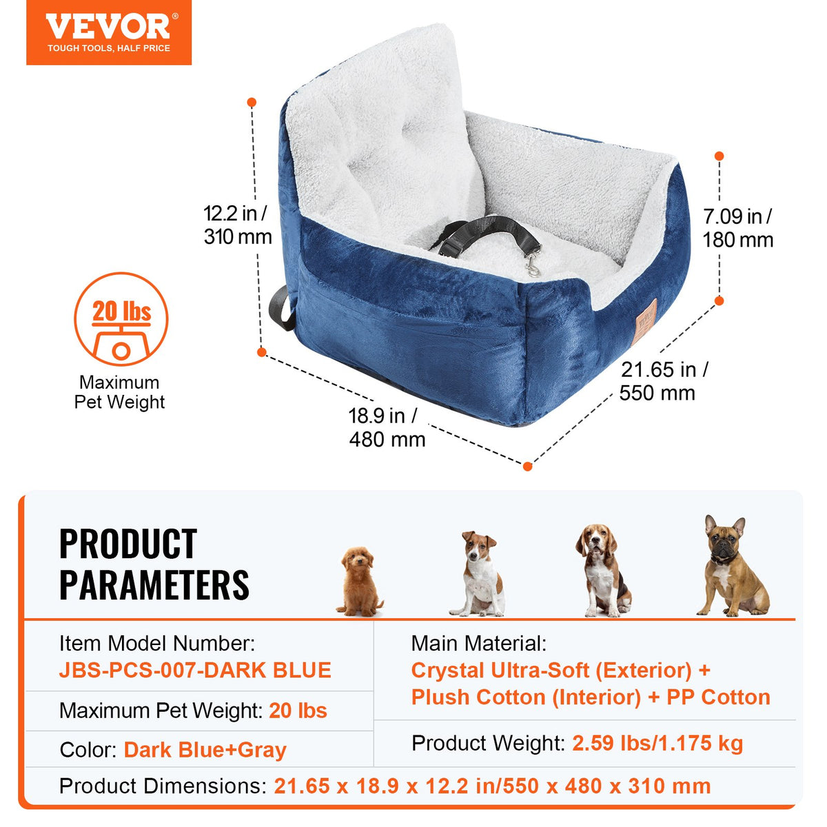 VEVOR koerte autoiste kõrge seljatoe, tasku ja turvarihmaga, koertele kuni 9 kg, sinakashall