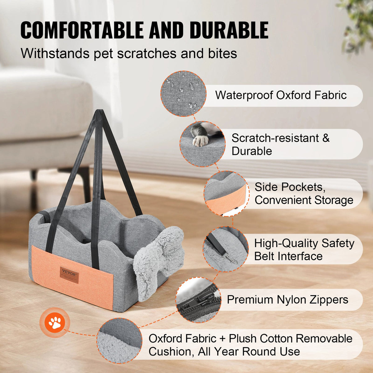VEVOR Elevated Dog Car Seat for Small Dogs up to 3.6 kg, Centre Console Mounted, Grey