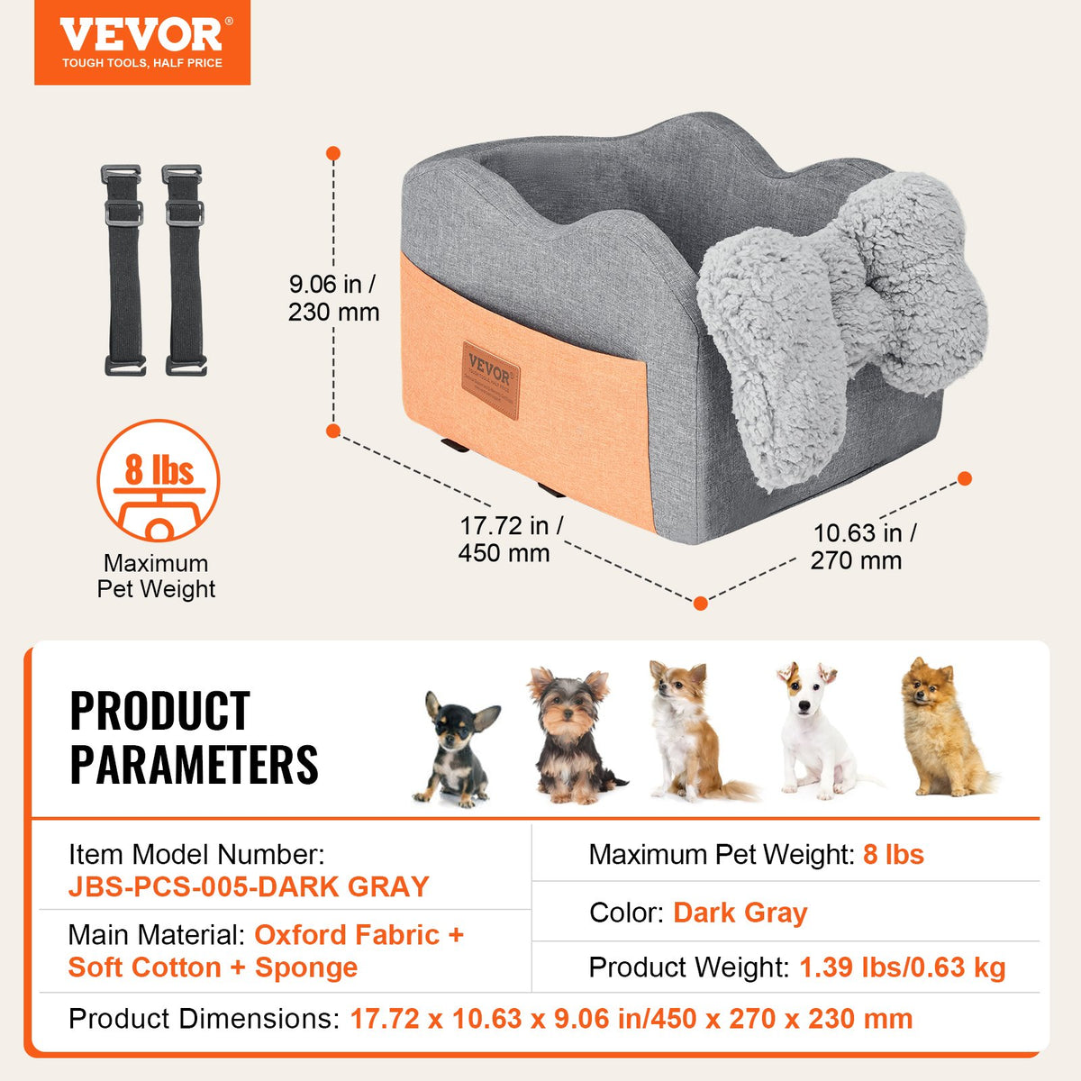 VEVOR Elevated Dog Car Seat for Small Dogs up to 3.6 kg, Centre Console Mounted, Grey