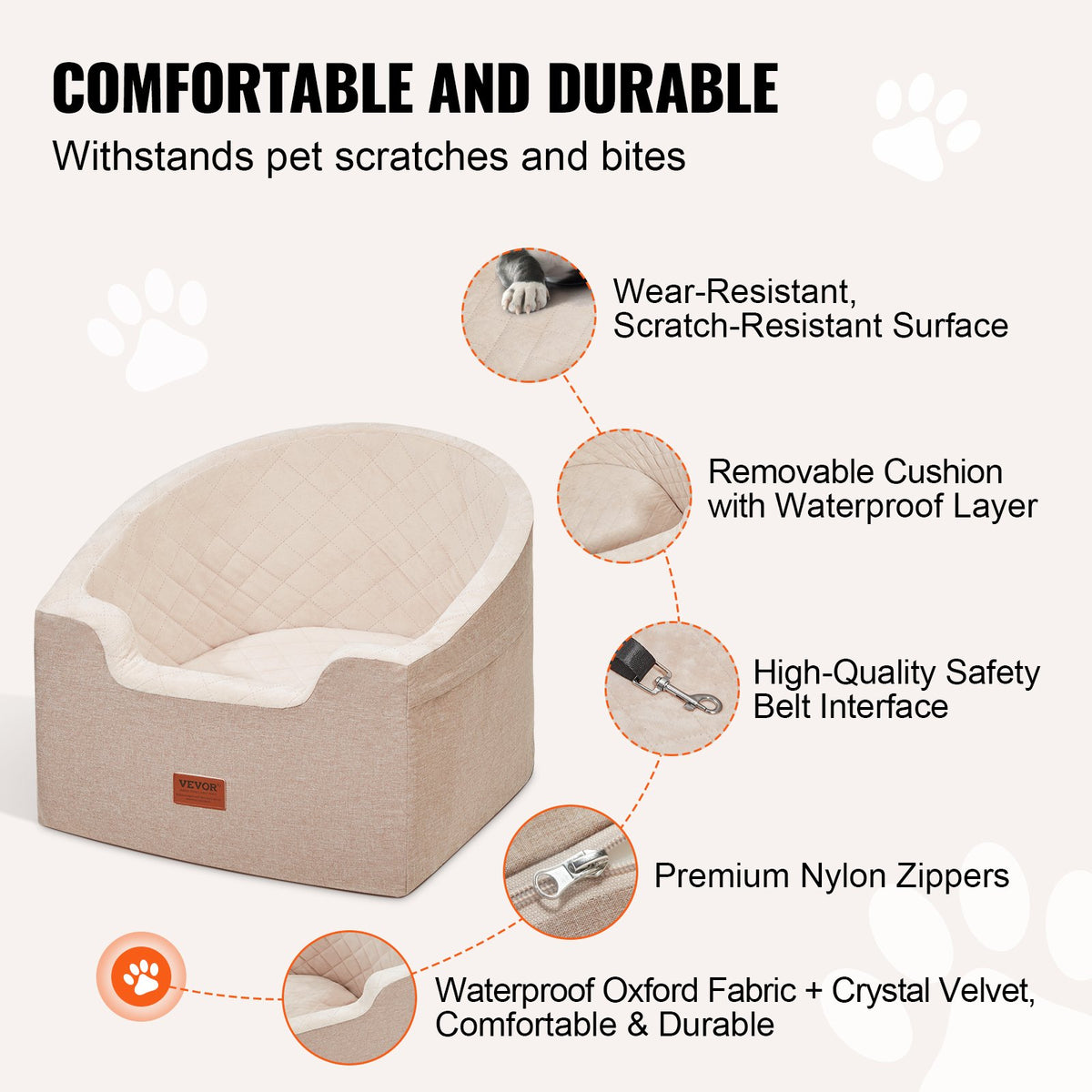 VEVOR Waterproof Dog Car Seat with Pocket and Safety Leash, for Dogs up to 25 kg, Brown