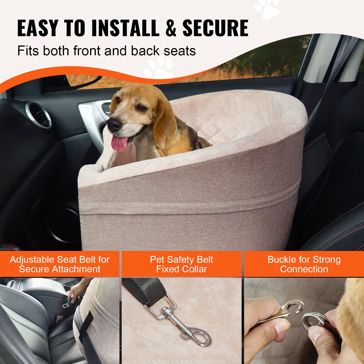 VEVOR Waterproof Dog Car Seat with Pocket and Safety Leash, for Dogs up to 25 kg, Brown