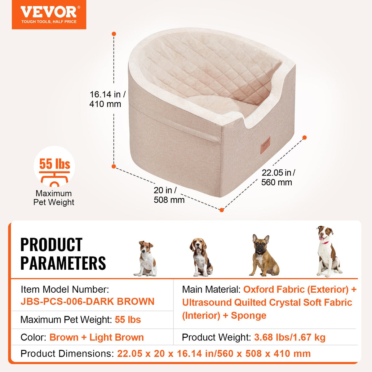 VEVOR Waterproof Dog Car Seat with Pocket and Safety Leash, for Dogs up to 25 kg, Brown