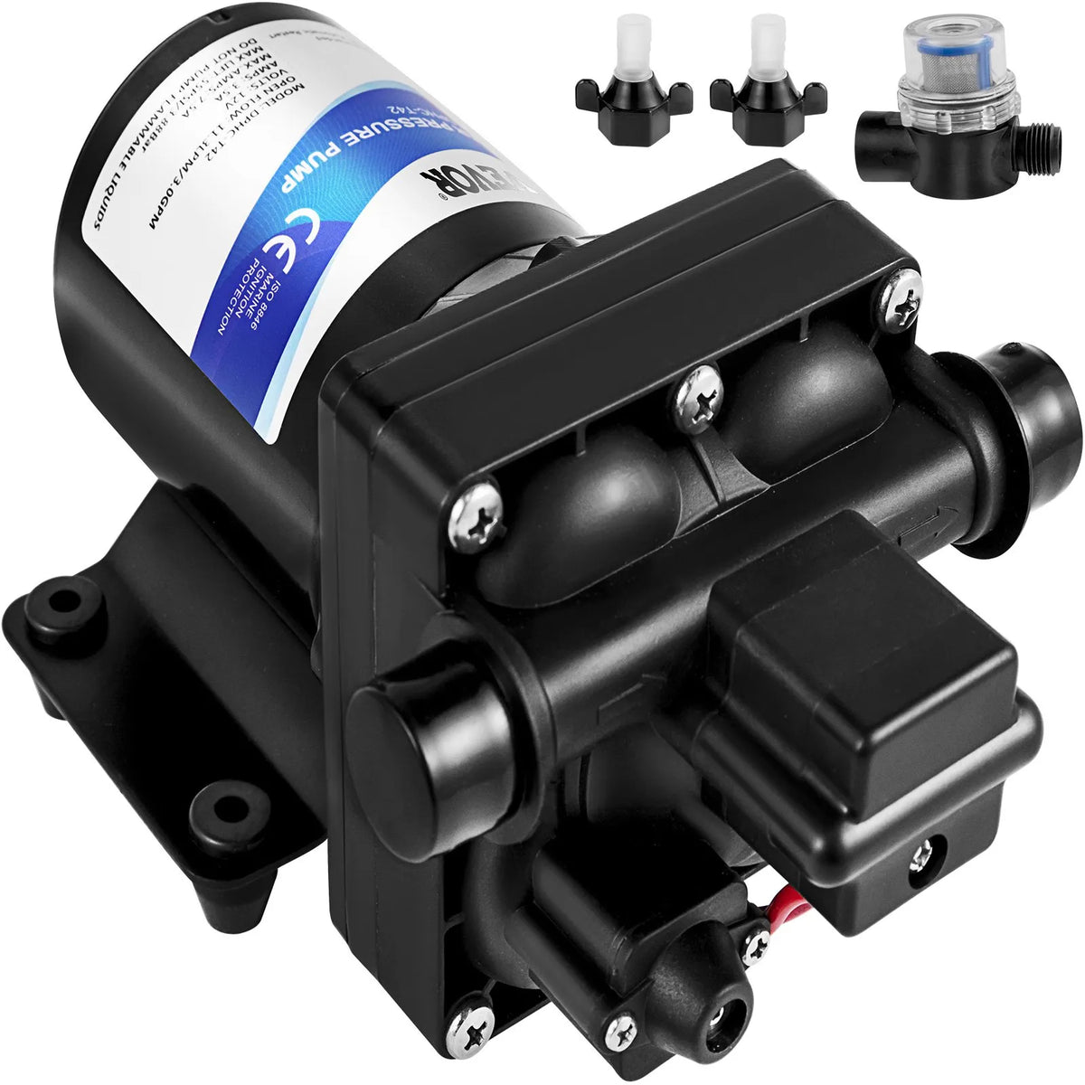 VEVOR Freshwater Pump 12 V, Self-Priming Diaphragm Pump 11 l/min, Pressure up to 3.8 bar, with Pressure Switch and Removable Filter, Suitable for Campers, Caravans, Boats and Garden Watering