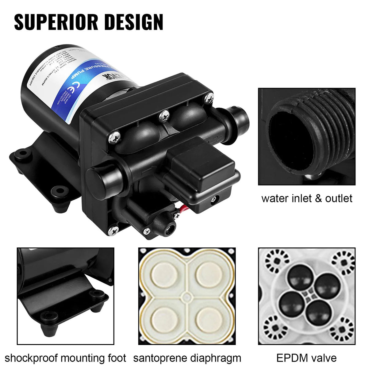 VEVOR Freshwater Pump 12 V, Self-Priming Diaphragm Pump 11 l/min, Pressure up to 3.8 bar, with Pressure Switch and Removable Filter, Suitable for Campers, Caravans, Boats and Garden Watering