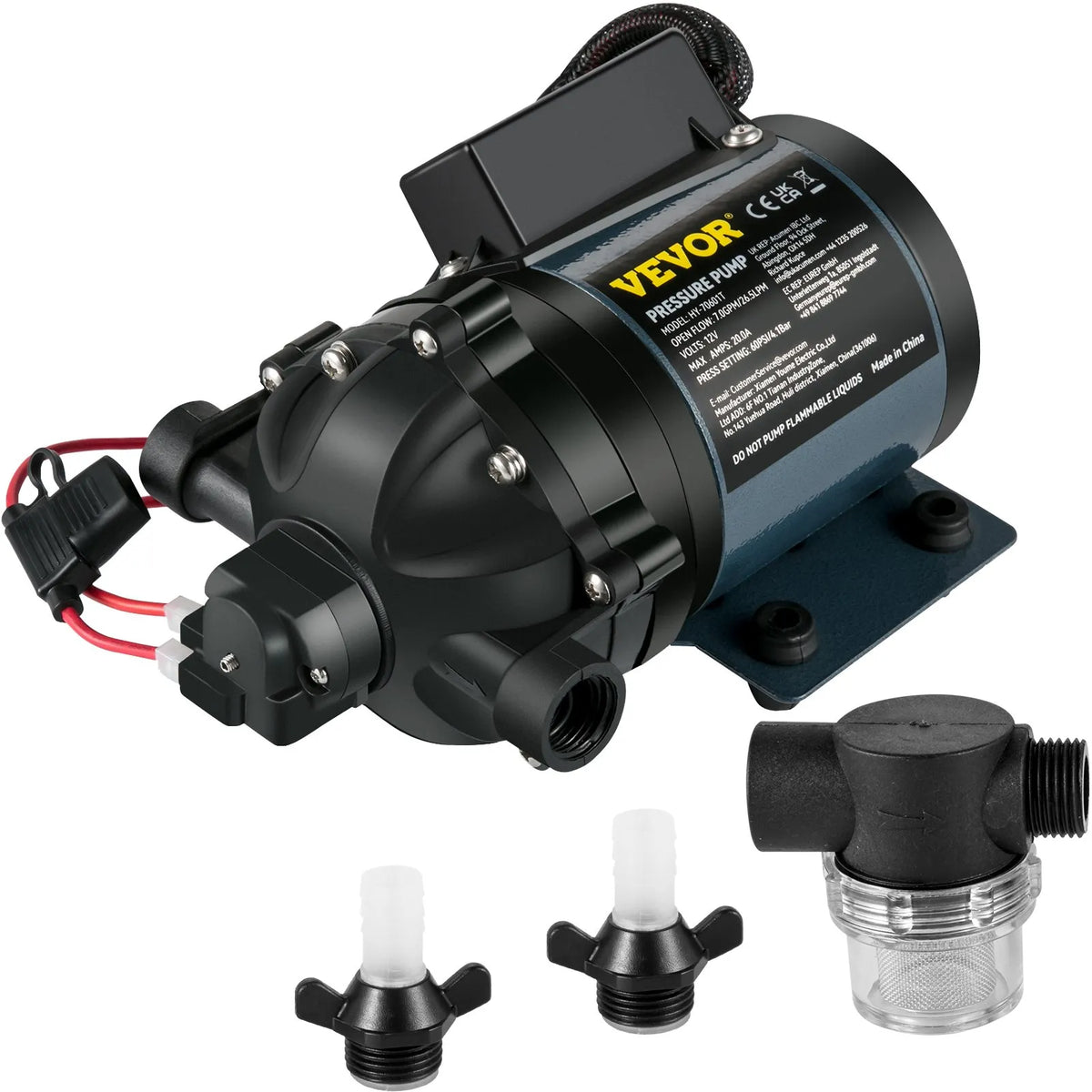 VEVOR Wash Pump, 12 V DC, 26 l/min, Pressure up to 4 bar, Self-Priming Water Pump with 3 m Lift, EPDM Valve, Universal Saltwater Filter and Internal/External Threaded Connection, for Campers, Boats and Yachts
