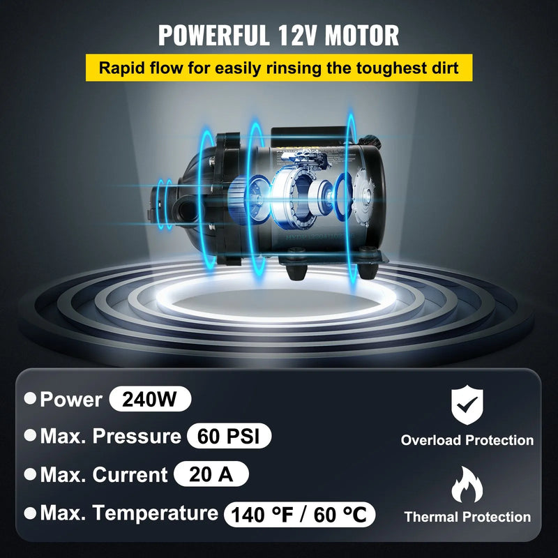 VEVOR mazgāšanas sūknis, 12 V DC, 26 l/min, spiediens līdz 4 bar, pašuzsūcošs ūdens sūknis ar pacēlumu līdz 3 m, EPDM vārsts, universāls sālsūdens filtrs un iekšējais/ārējais vītņots pieslēgums, kemperiem, laivām un jahtām